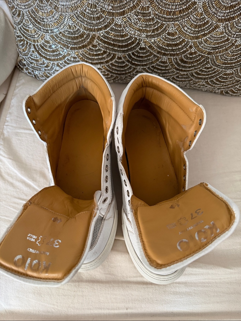 White High-Top Sneakers with Tan Interior